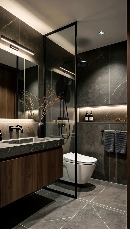 AI-generated concept: Dark hotel bathroom for a Singapore HDB flat. Not a completed ELEVATED project.
