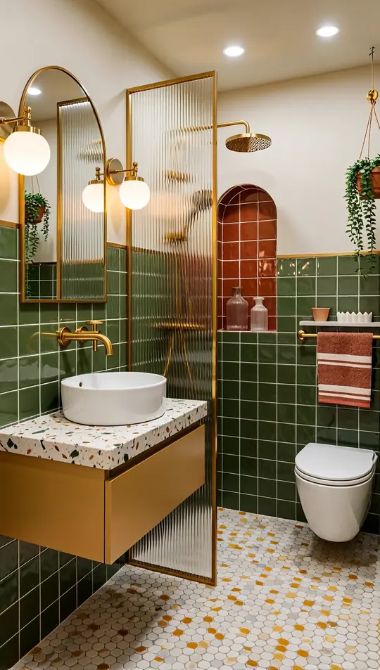 AI-generated concept: Retro colour-block bathroom for a Singapore HDB flat. Not a completed ELEVATED project.