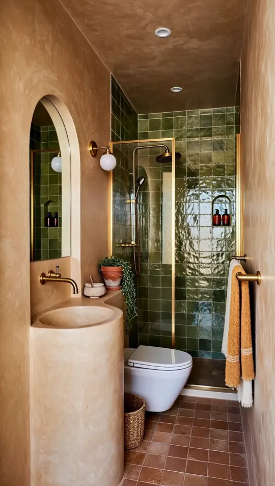 AI-generated concept: Mediterranean tadelakt bathroom for a Singapore HDB flat. Not a completed ELEVATED project.