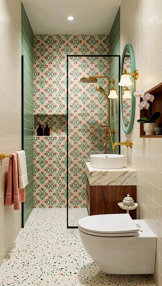 AI-generated concept: Modern Peranakan bathroom for a Singapore HDB flat. Not a completed ELEVATED project.