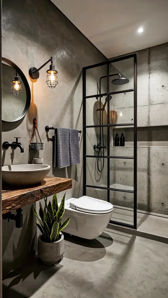 AI-generated concept: Industrial bathroom for a Singapore HDB flat. Not a completed ELEVATED project.