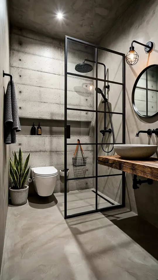 AI-generated concept: Industrial bathroom for a Singapore HDB flat. Not a completed ELEVATED project.