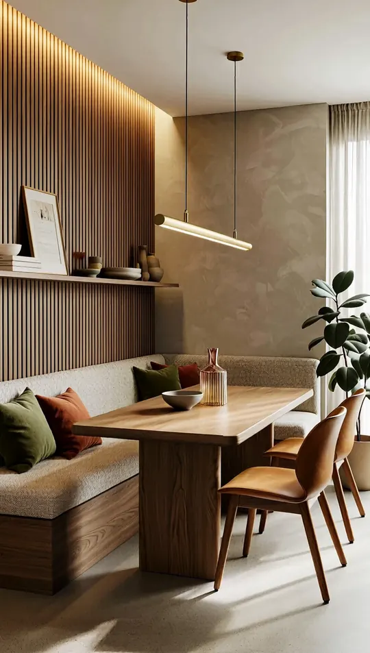 AI-generated concept: Warm minimalist banquette dining for a Singapore HDB flat. Not a completed ELEVATED project.