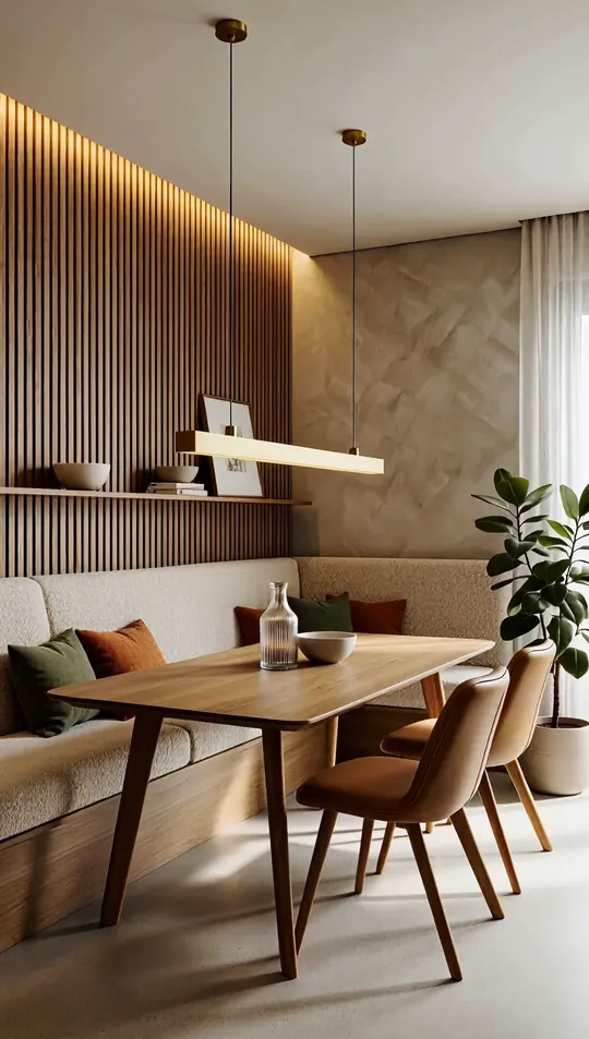 AI-generated concept: Warm minimalist banquette dining for a Singapore HDB flat. Not a completed ELEVATED project.