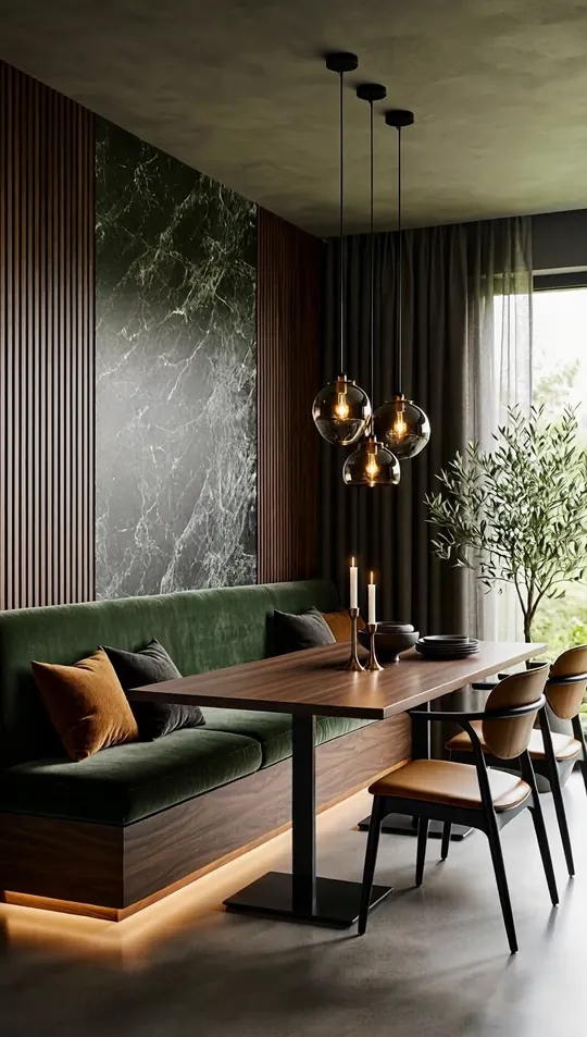 AI-generated concept: Dark contemporary banquette dining for a Singapore HDB flat. Not a completed ELEVATED project.