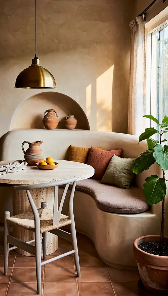 AI-generated concept: Mediterranean plaster dining for a Singapore HDB flat. Not a completed ELEVATED project.