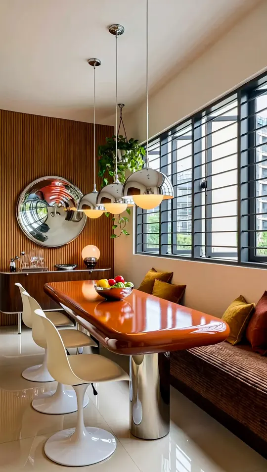 AI-generated concept: Retro 70s revival dining for a Singapore HDB flat. Not a completed ELEVATED project.