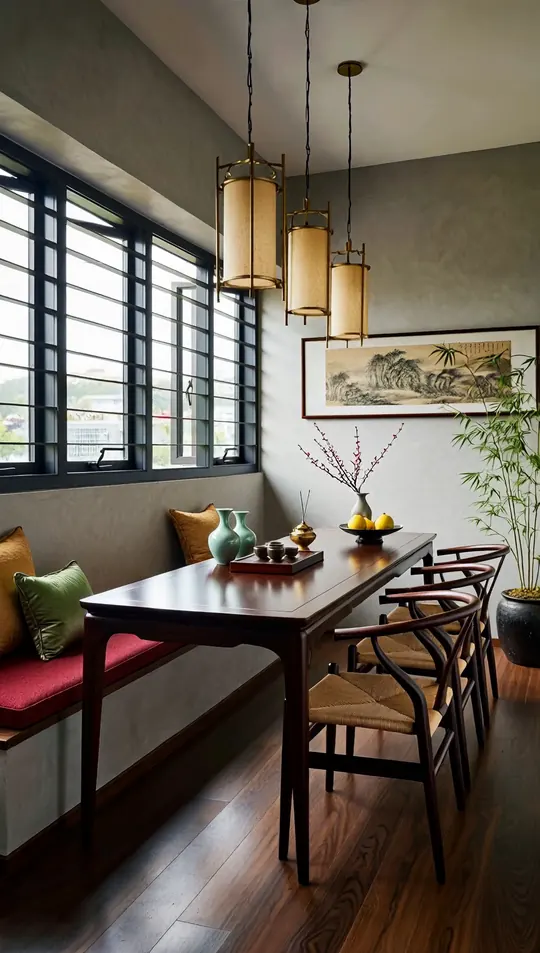 AI-generated concept: Modern Chinoiserie dining for a Singapore HDB flat. Not a completed ELEVATED project.