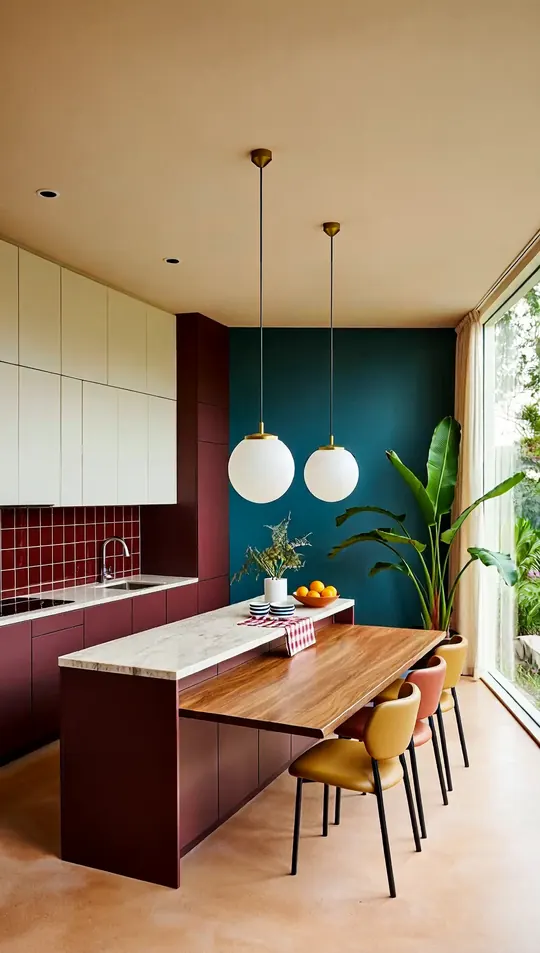 AI-generated concept: Colour-block peninsula kitchen kitchen & dining for a Singapore HDB flat. Not a completed ELEVATED project.