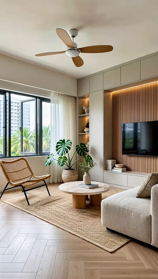 AI-generated concept: Japandi living room for a Singapore HDB flat. Not a completed ELEVATED project.