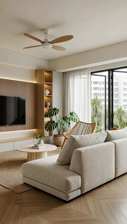 AI-generated concept: Japandi living room for a Singapore HDB flat. Not a completed ELEVATED project.