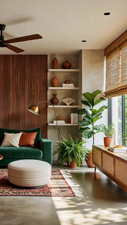 AI-generated concept: Contemporary tropical living room for a Singapore HDB flat. Not a completed ELEVATED project.