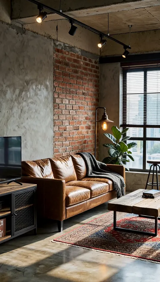AI-generated concept: Industrial loft living room for a Singapore HDB flat. Not a completed ELEVATED project.