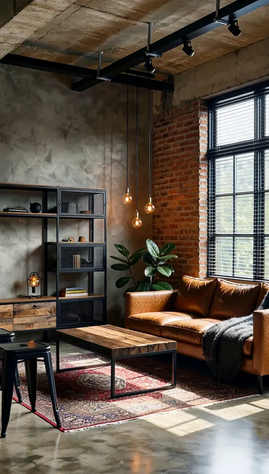 AI-generated concept: Industrial loft living room for a Singapore HDB flat. Not a completed ELEVATED project.