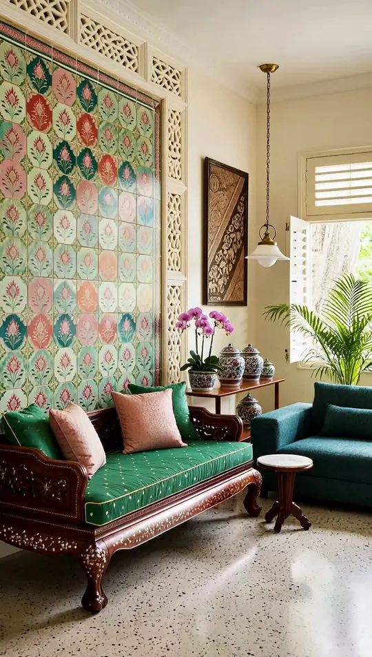 AI-generated concept: Modern Peranakan living room for a Singapore HDB flat. Not a completed ELEVATED project.