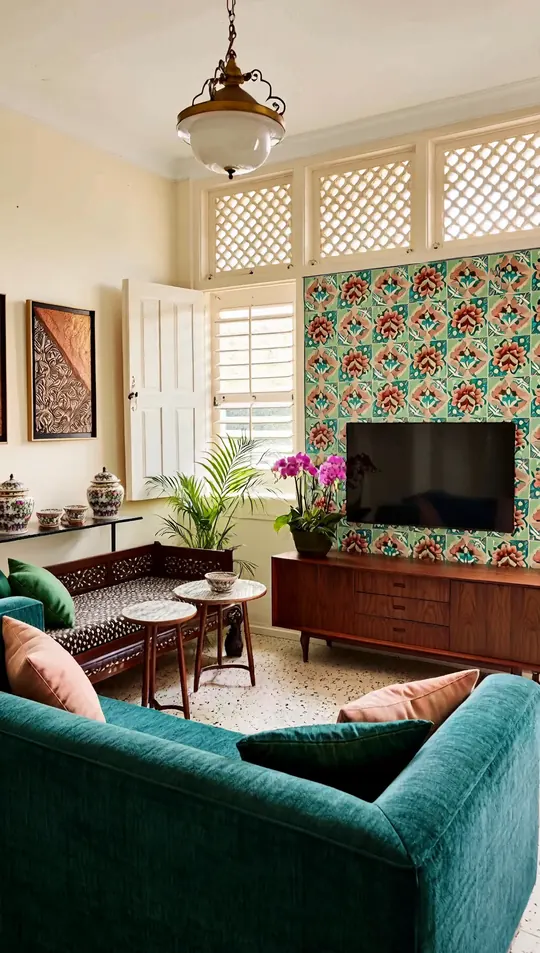 AI-generated concept: Modern Peranakan living room for a Singapore HDB flat. Not a completed ELEVATED project.