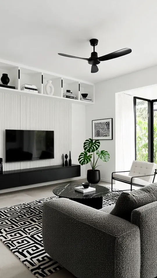 AI-generated concept: Monochrome living room for a Singapore HDB flat. Not a completed ELEVATED project.