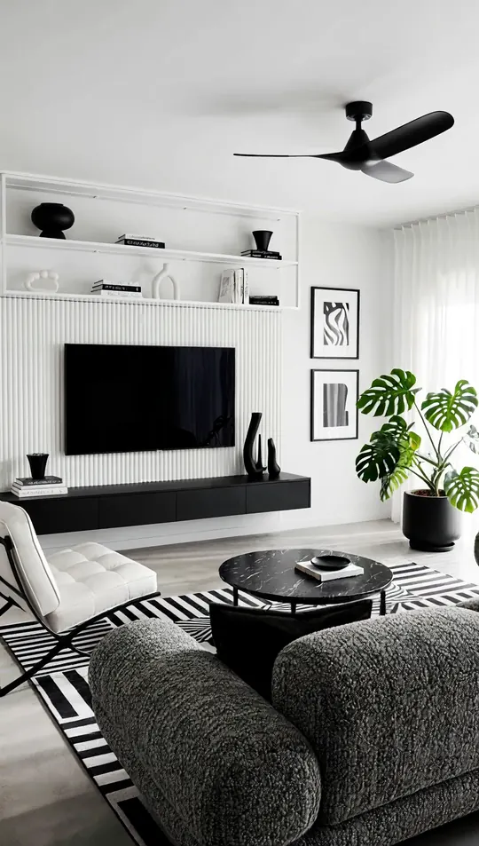 AI-generated concept: Monochrome living room for a Singapore HDB flat. Not a completed ELEVATED project.