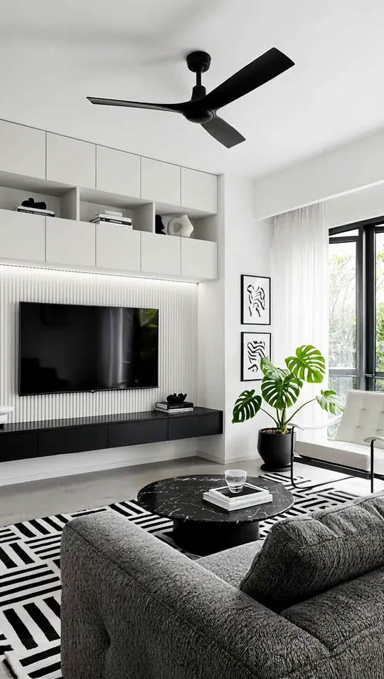 AI-generated concept: Monochrome living room for a Singapore HDB flat. Not a completed ELEVATED project.