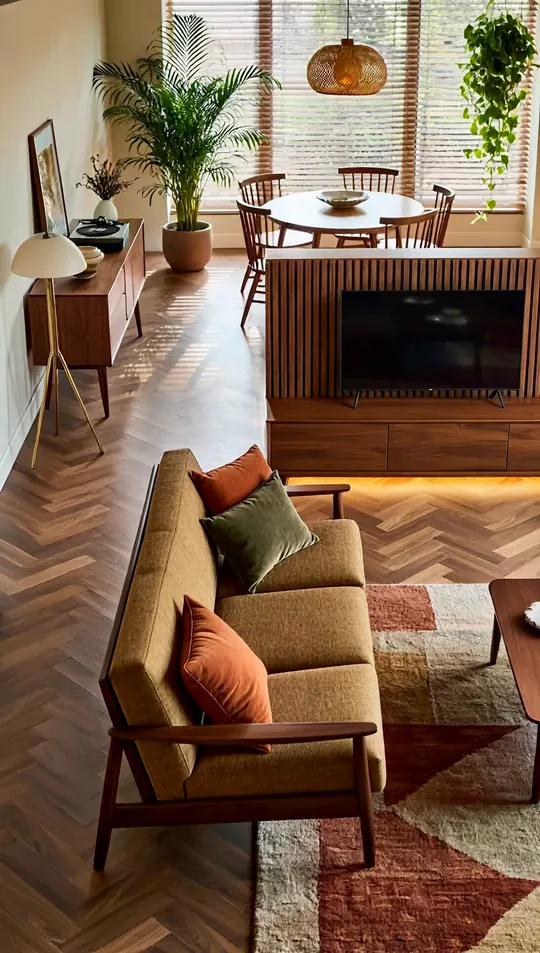 AI-generated concept: Mid-century tropical living room & dining for a Singapore HDB flat. Not a completed ELEVATED project.