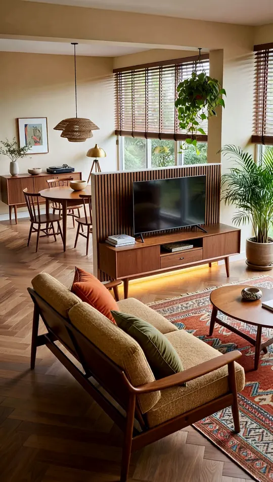 AI-generated concept: Mid-century tropical living room & dining for a Singapore HDB flat. Not a completed ELEVATED project.