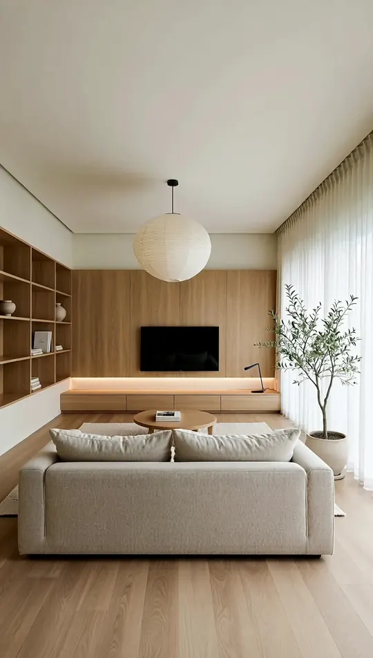 AI-generated concept: Muji-Scandi living room for a Singapore HDB flat. Not a completed ELEVATED project.