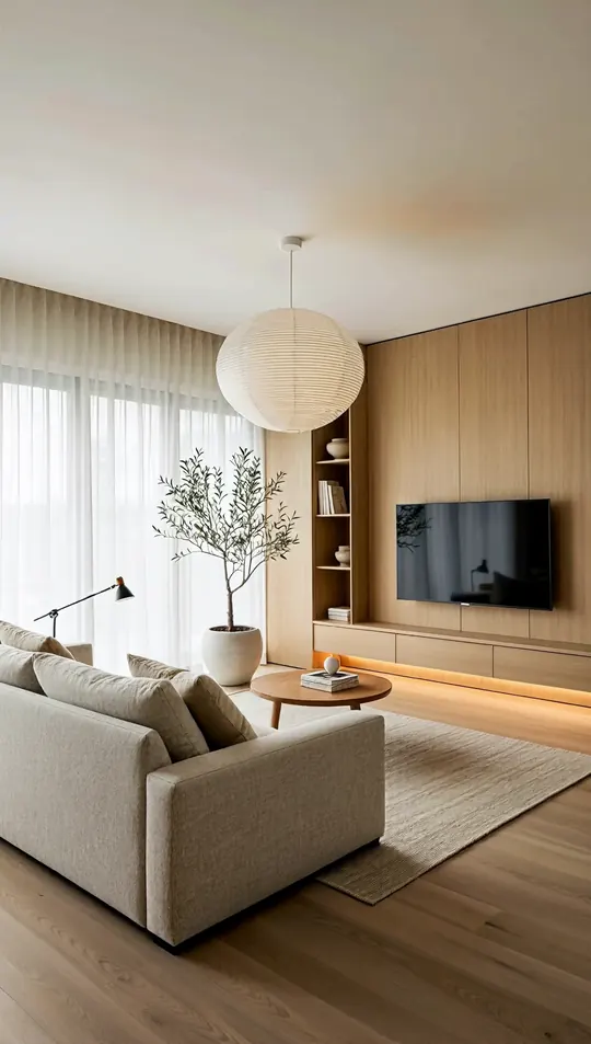 AI-generated concept: Muji-Scandi living room for a Singapore HDB flat. Not a completed ELEVATED project.