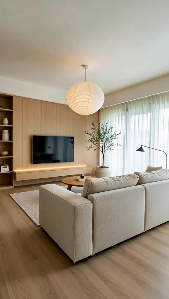 AI-generated concept: Muji-Scandi living room for a Singapore HDB flat. Not a completed ELEVATED project.