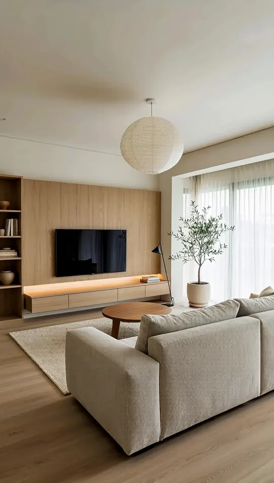 AI-generated concept: Muji-Scandi living room for a Singapore HDB flat. Not a completed ELEVATED project.