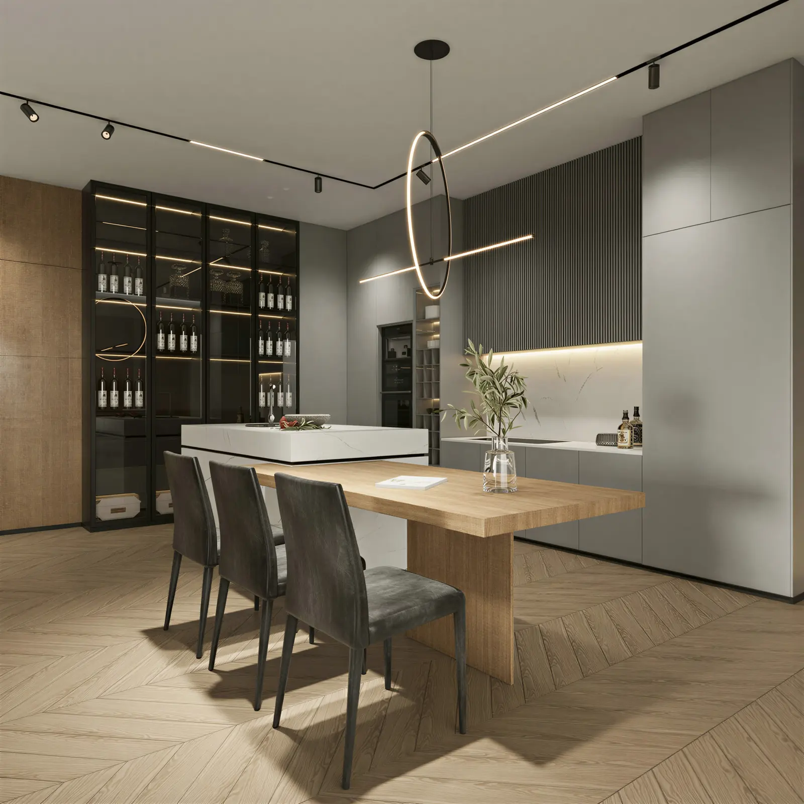 Dining table beside a lit display cabinet. Bedok, Executive HDB · Bedok, renovation by ELEVATED.