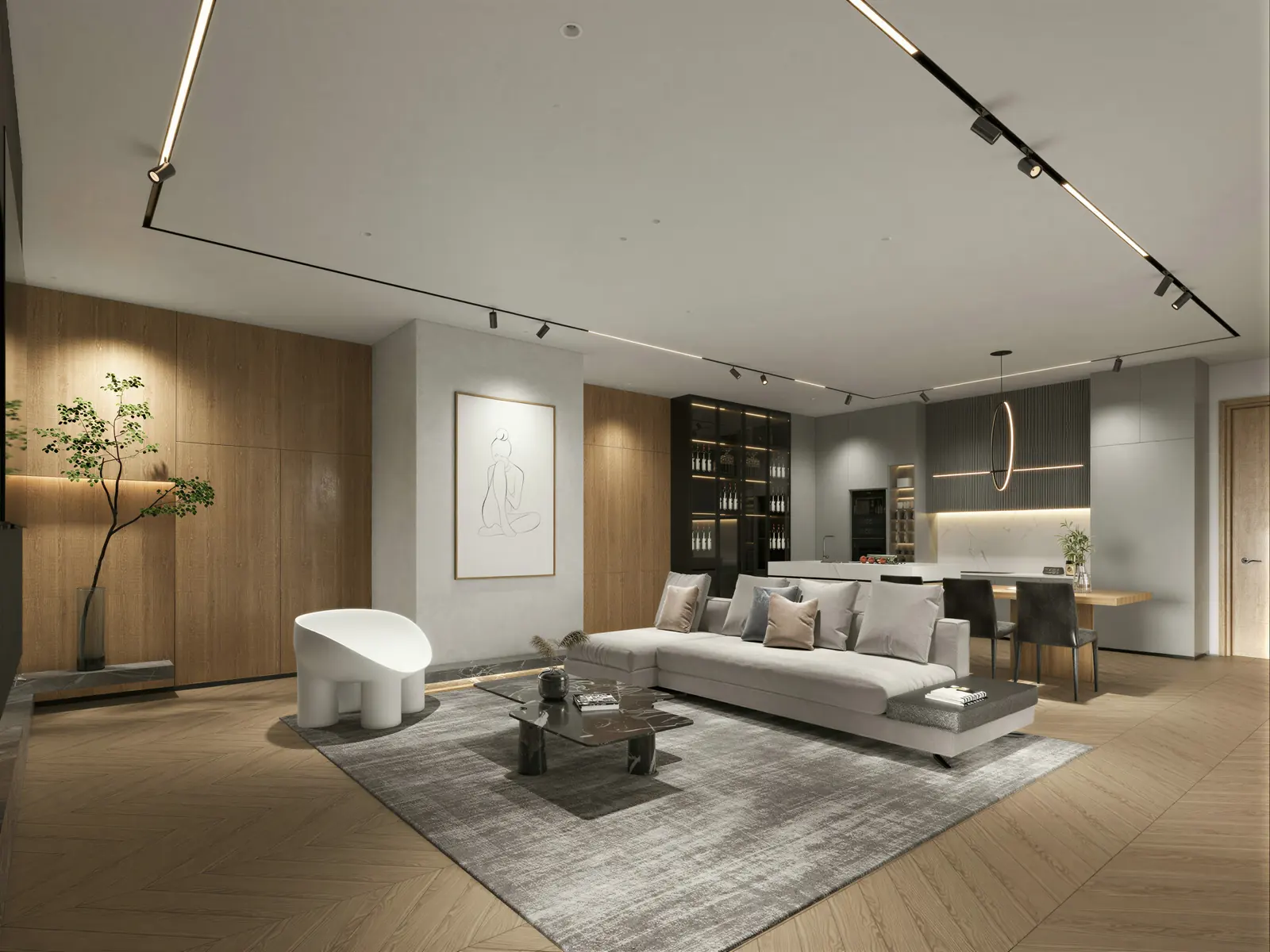 Living room with track lighting and herringbone floor. Bedok, Executive HDB · Bedok, renovation by ELEVATED.