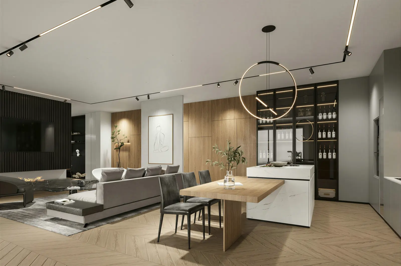 Living and dining seen from the entrance. Bedok, Executive HDB · Bedok, renovation by ELEVATED.