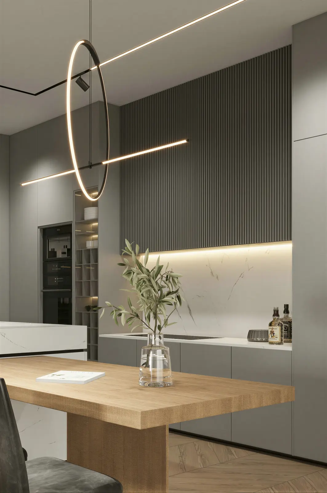 Dining table under a ring pendant. Bedok, Executive HDB · Bedok, renovation by ELEVATED.