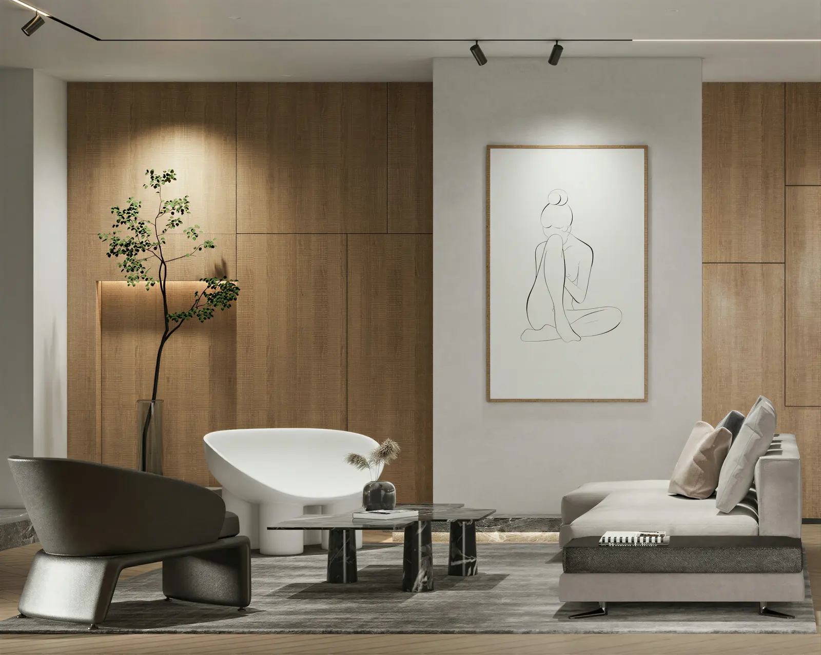 Living room with oak wall panels and line art. Bedok, Executive HDB · Bedok, renovation by ELEVATED.