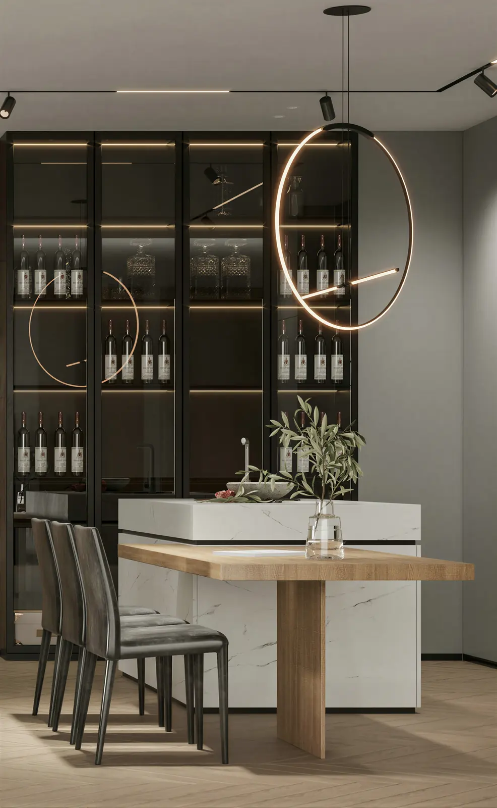 Wine and display cabinet beside the dining table. Bedok, Executive HDB · Bedok, renovation by ELEVATED.