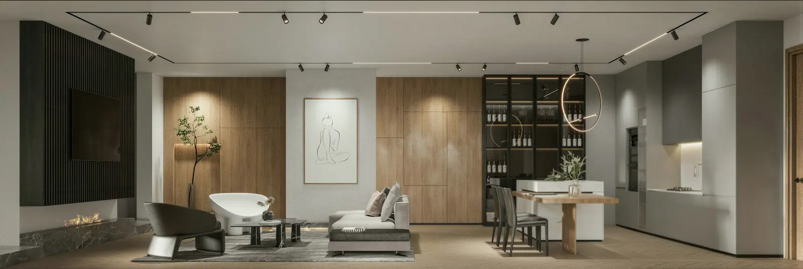 Living room with track lighting and a low sideboard. Bedok, Executive HDB · Bedok, renovation by ELEVATED.