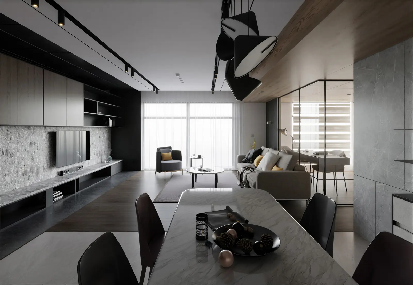 Living room with a dark stone feature wall and grey sofa. Bishan, 5-room HDB resale · Bishan, renovation by ELEVATED.