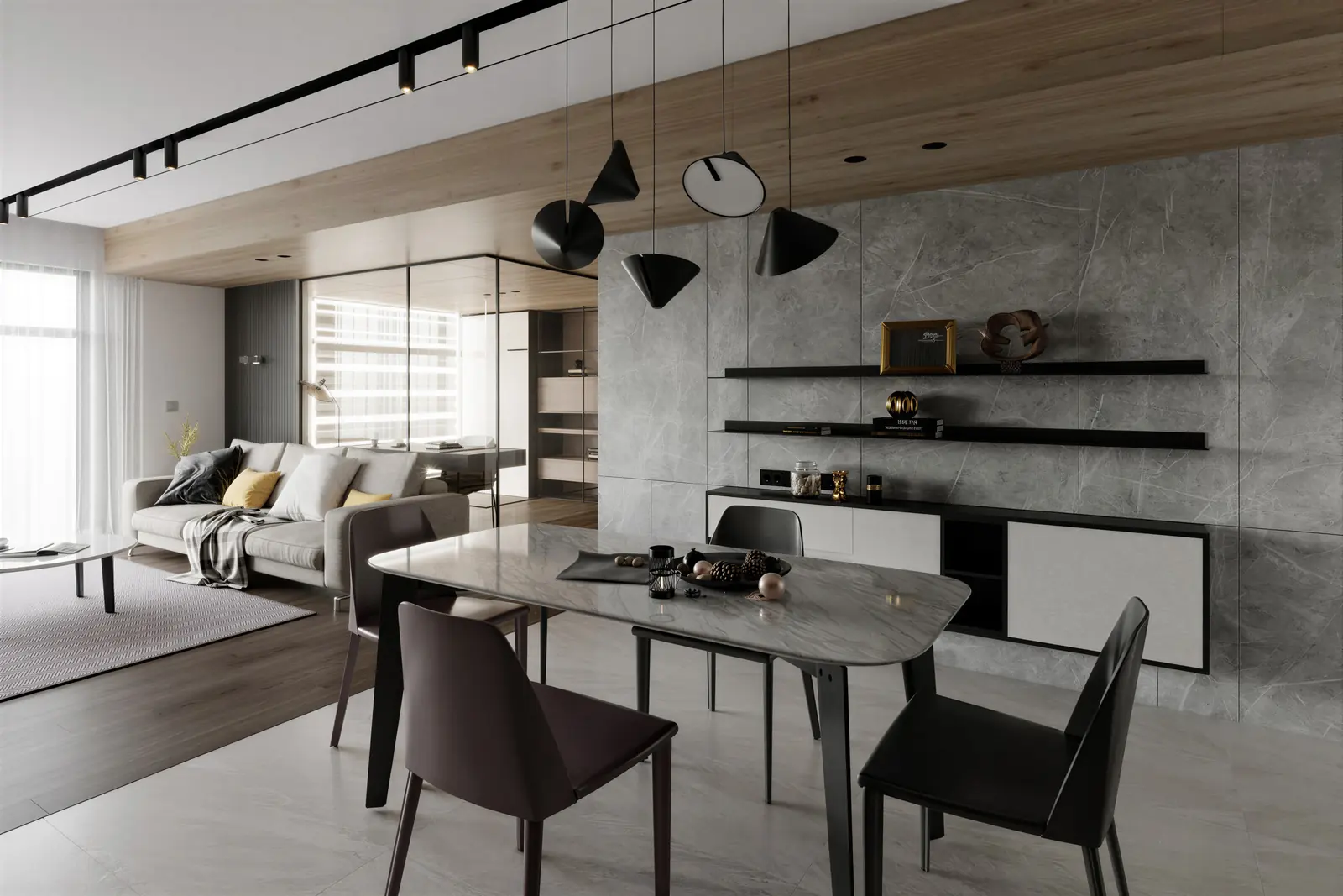 Dining table under sculptural black pendants. Bishan, 5-room HDB resale · Bishan, renovation by ELEVATED.