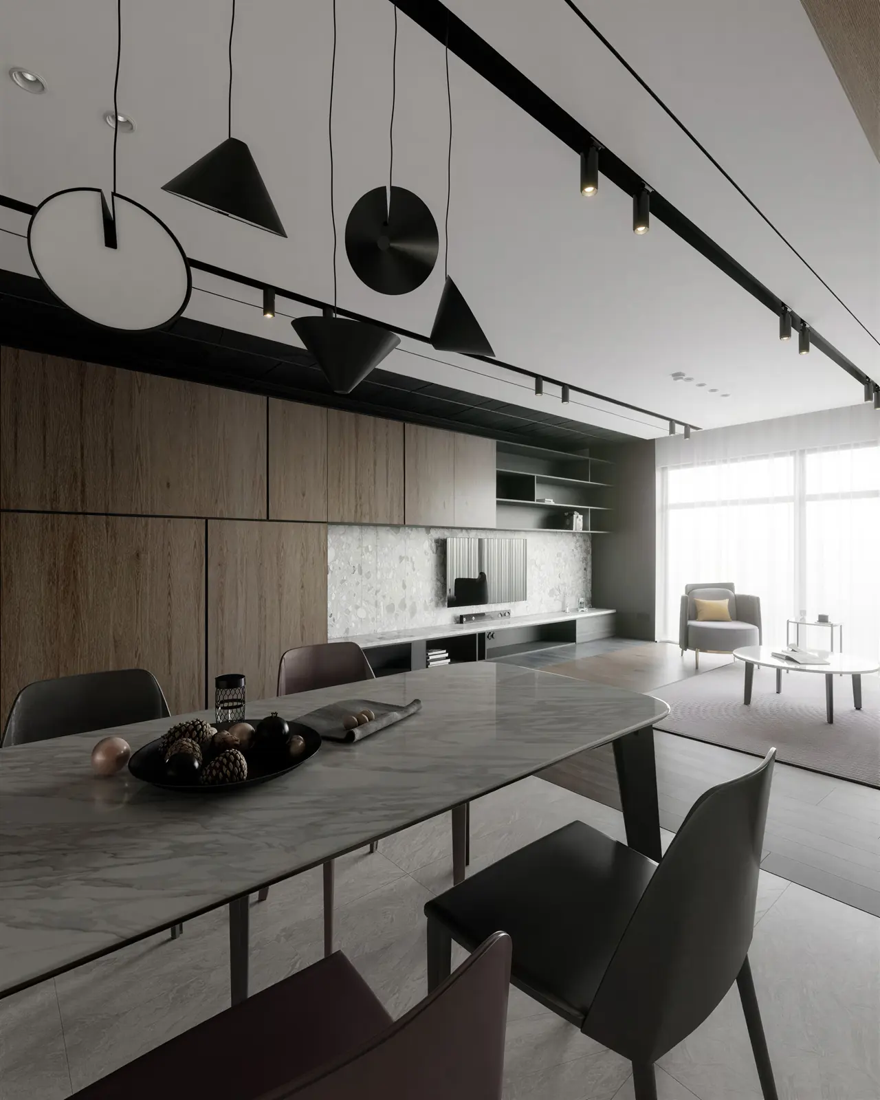 Dining pendants with the kitchen beyond. Bishan, 5-room HDB resale · Bishan, renovation by ELEVATED.