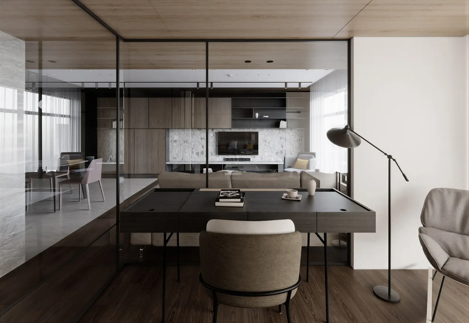 Living room with a glass-partitioned study. Bishan, 5-room HDB resale · Bishan, renovation by ELEVATED.