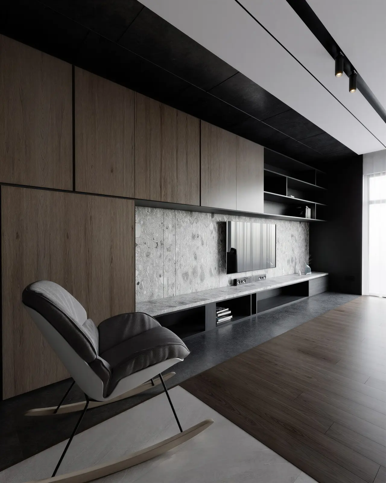 Dark timber TV wall with a rocking chair. Bishan, 5-room HDB resale · Bishan, renovation by ELEVATED.