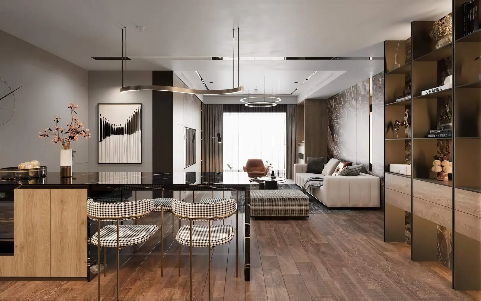 Open kitchen with dark cabinetry and bar counter. Bukit Timah, 3-bedroom condominium · Bukit Timah, renovation by ELEVATED.