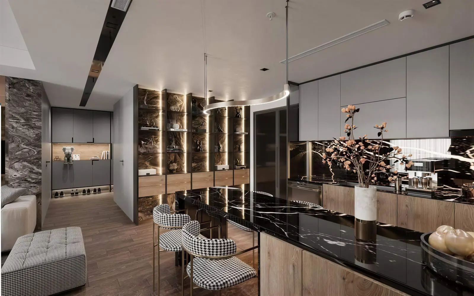 Bar counter with lit glass cabinets. Bukit Timah, 3-bedroom condominium · Bukit Timah, renovation by ELEVATED.