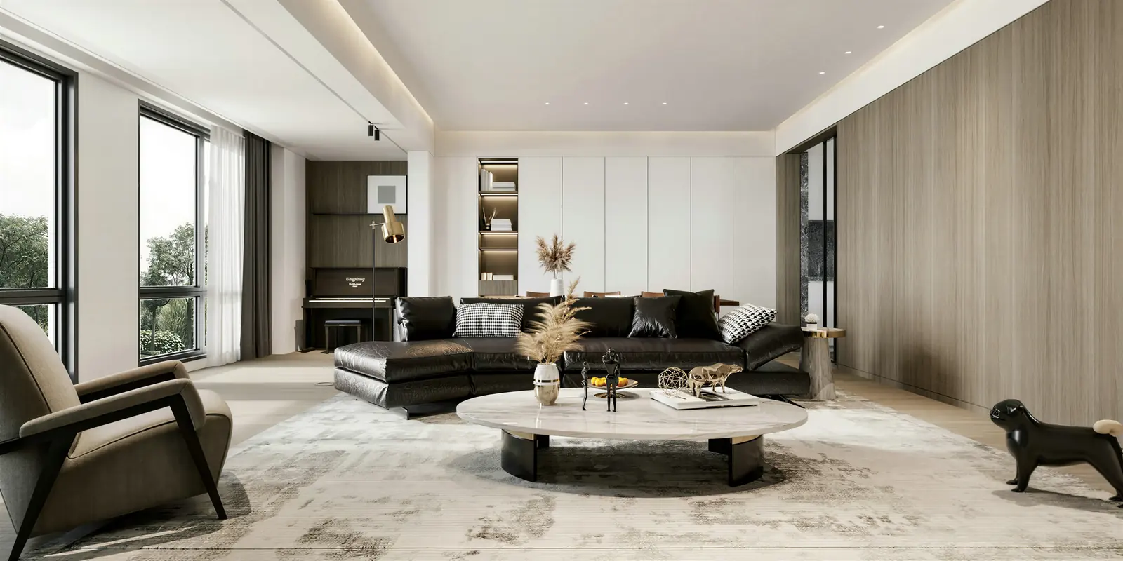 Living room with round coffee table and garden view. East Coast, 4-bedroom condominium · East Coast, renovation by ELEVATED.