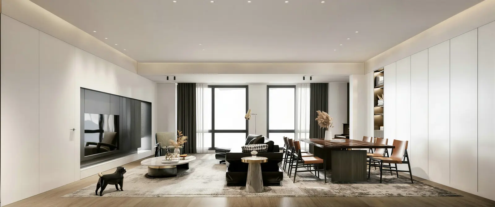 Living and dining with a long TV wall. East Coast, 4-bedroom condominium · East Coast, renovation by ELEVATED.