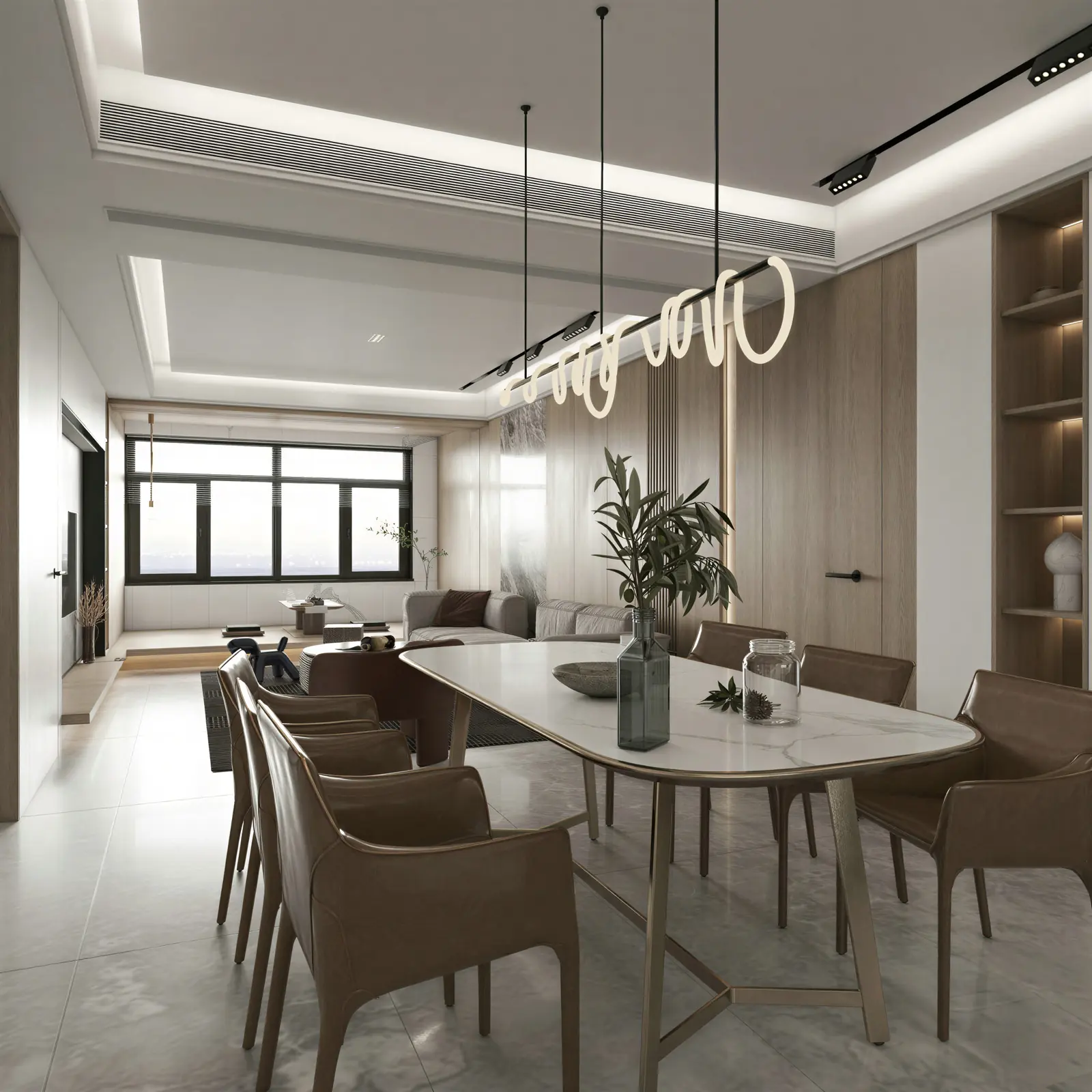 Dining table under a linear pendant. Holland Village, 4-bedroom condominium · Holland Village, renovation by ELEVATED.