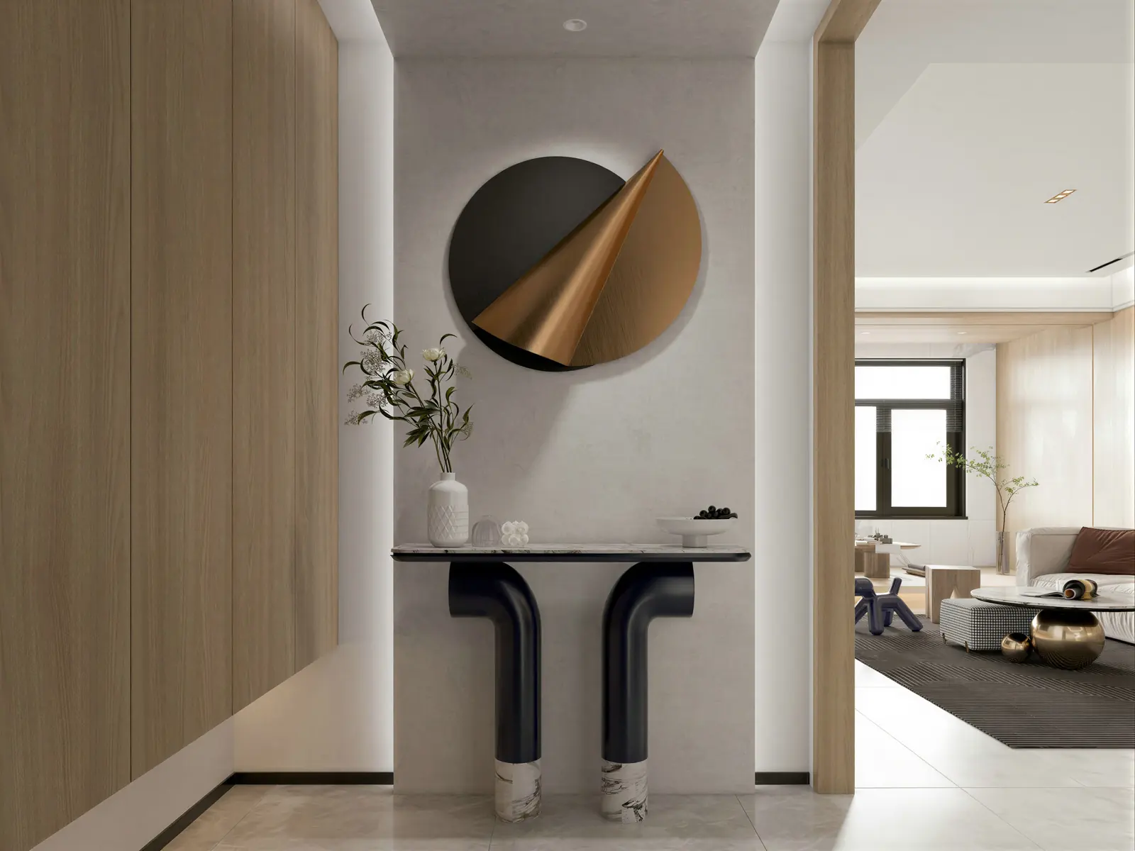 Entrance console with a sculptural mirror. Holland Village, 4-bedroom condominium · Holland Village, renovation by ELEVATED.