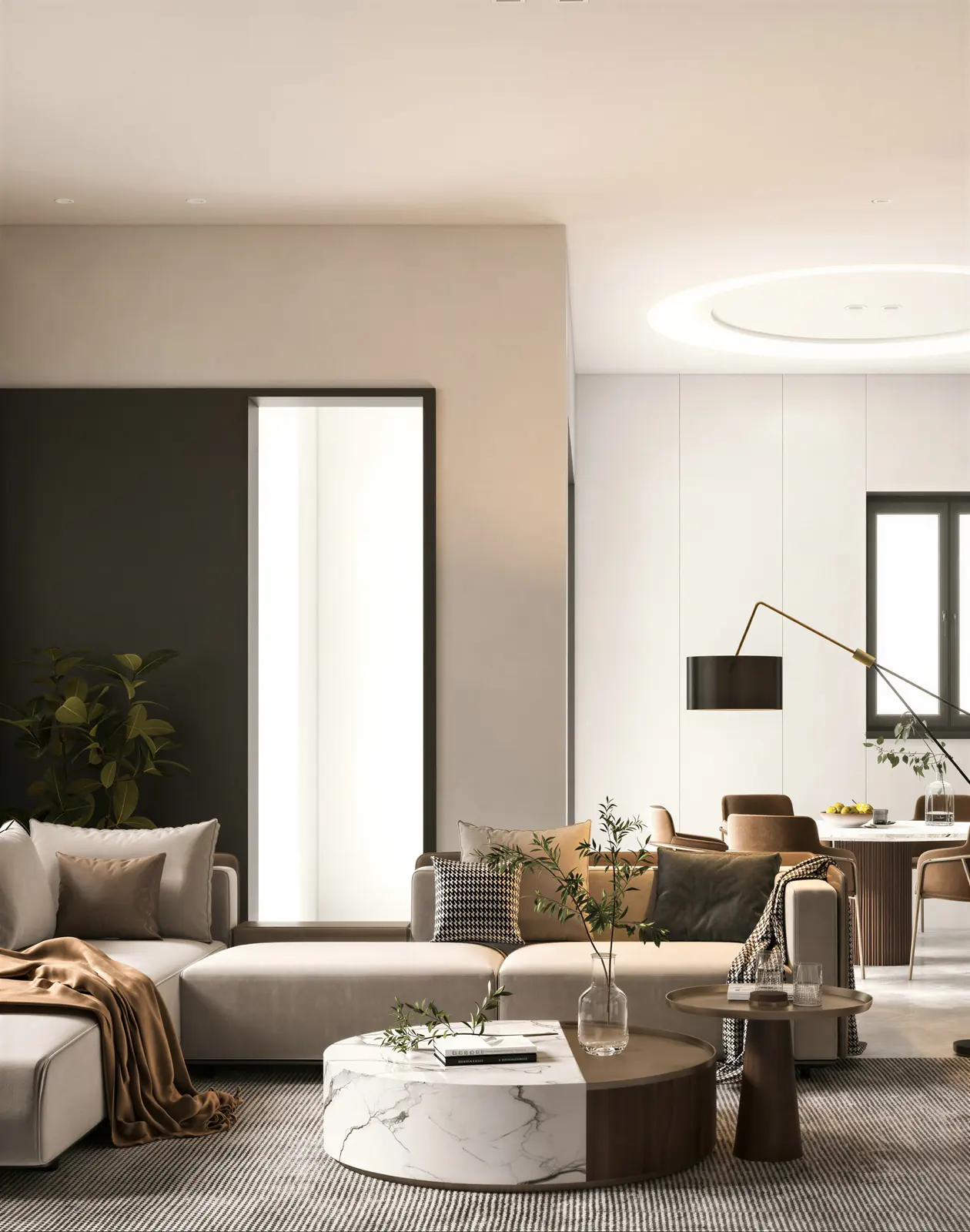 Living room with round coffee table and tall window. Novena, 3-bedroom condominium · Novena, renovation by ELEVATED.