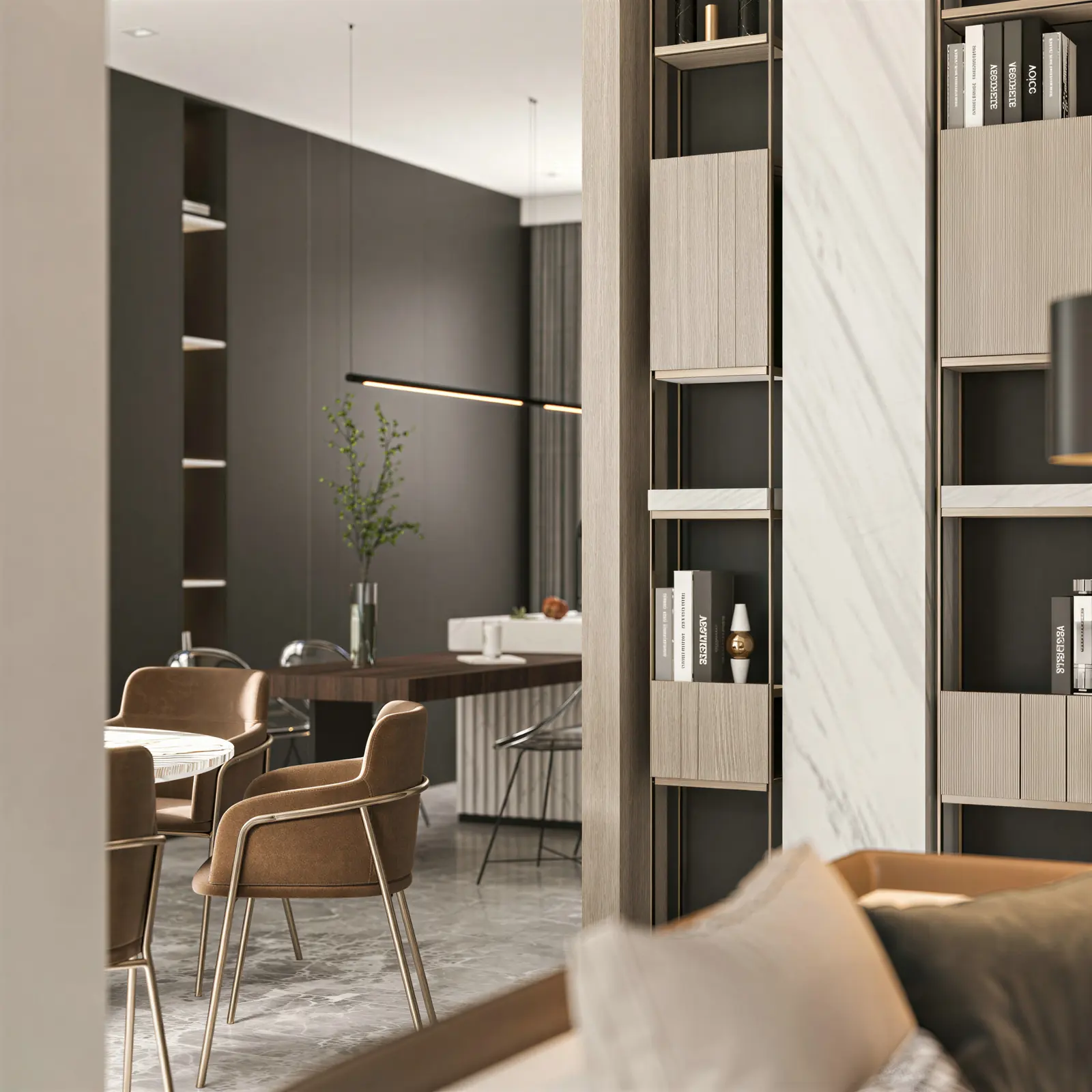 Dining chairs beside a built-in bookshelf. Novena, 3-bedroom condominium · Novena, renovation by ELEVATED.