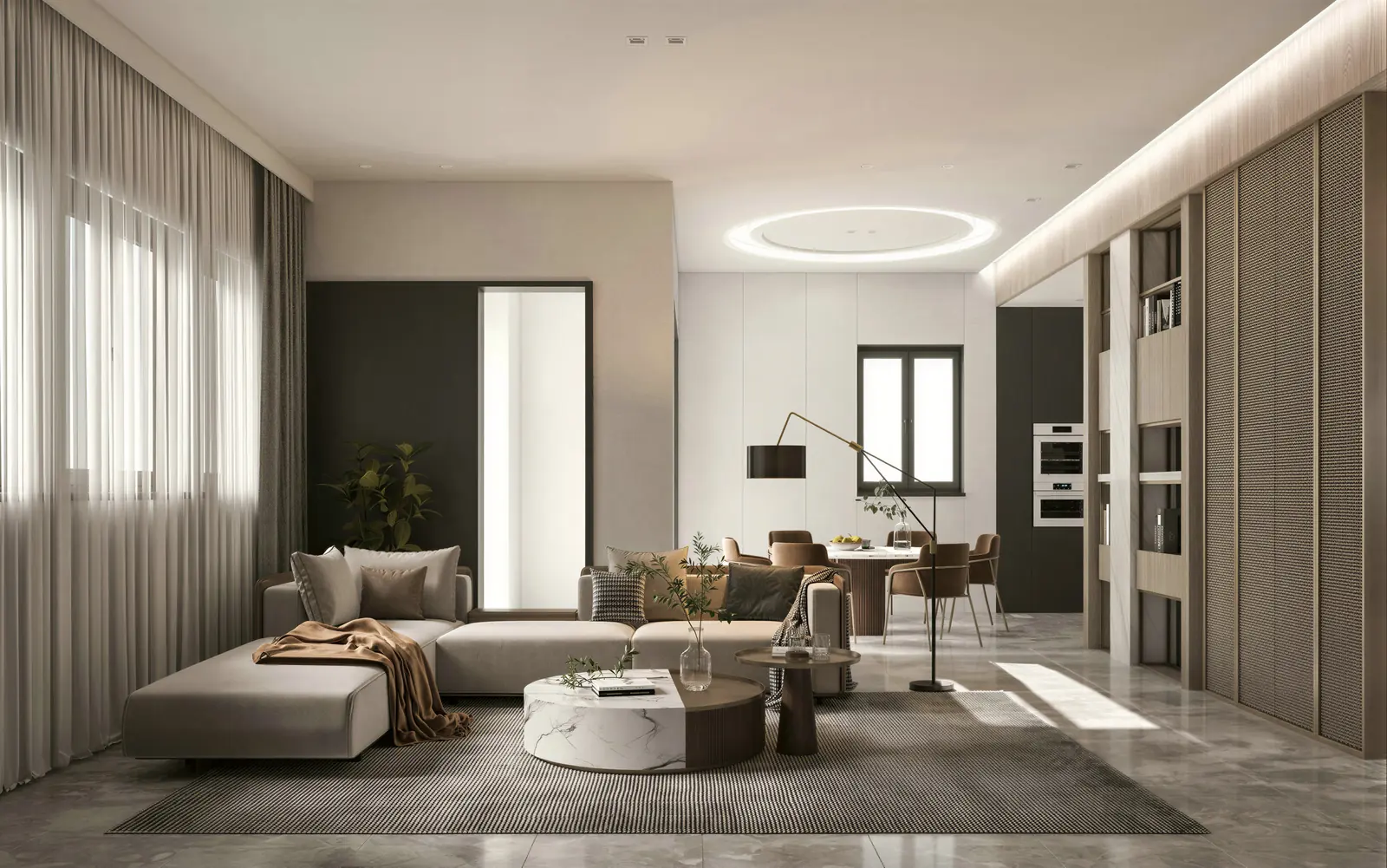 Living room with sofa and open kitchen. Novena, 3-bedroom condominium · Novena, renovation by ELEVATED.